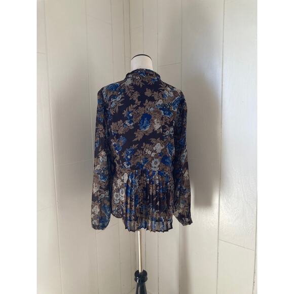 Coldwater Creek Brown & Blue Floral Chiffon Buttondown Blouse, Size L - Picture 3 of 4